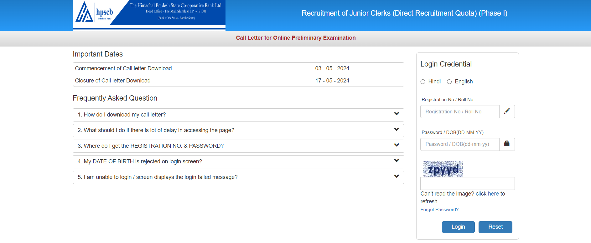 HPSCB Junior Clerk Admit Card Download